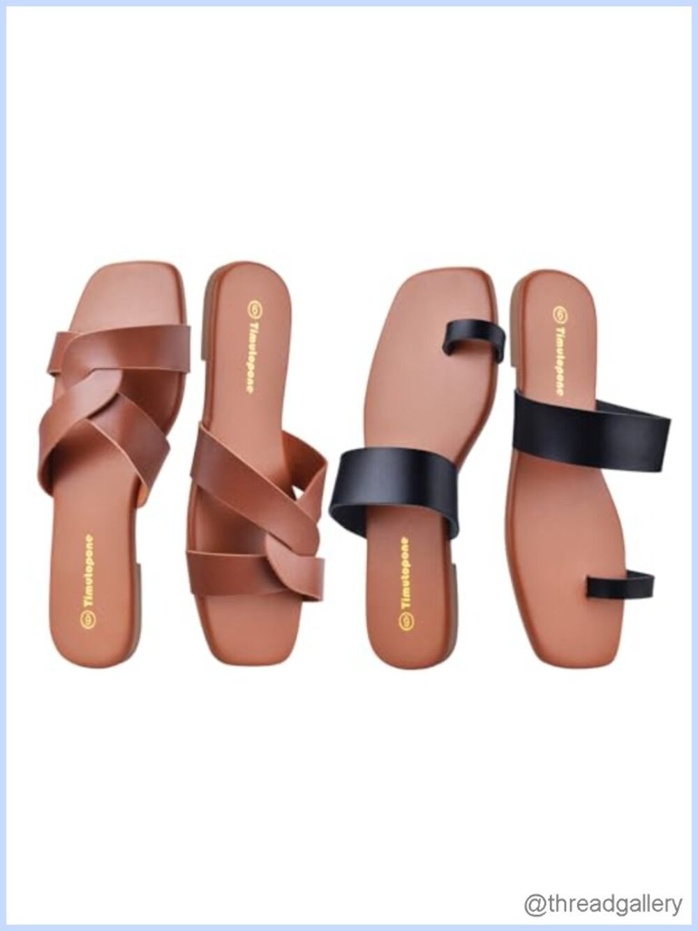 2-Pack Women's Flat Sandals Slide Thong Memory Foam Open Toe Faux Leather